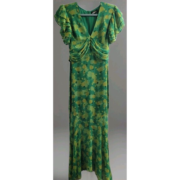 De La Vali Palmera Green Floral Chiffon Maxi Dress UK 12 US 8 Ruffle Sleeve $676 - Picture 3 of 16